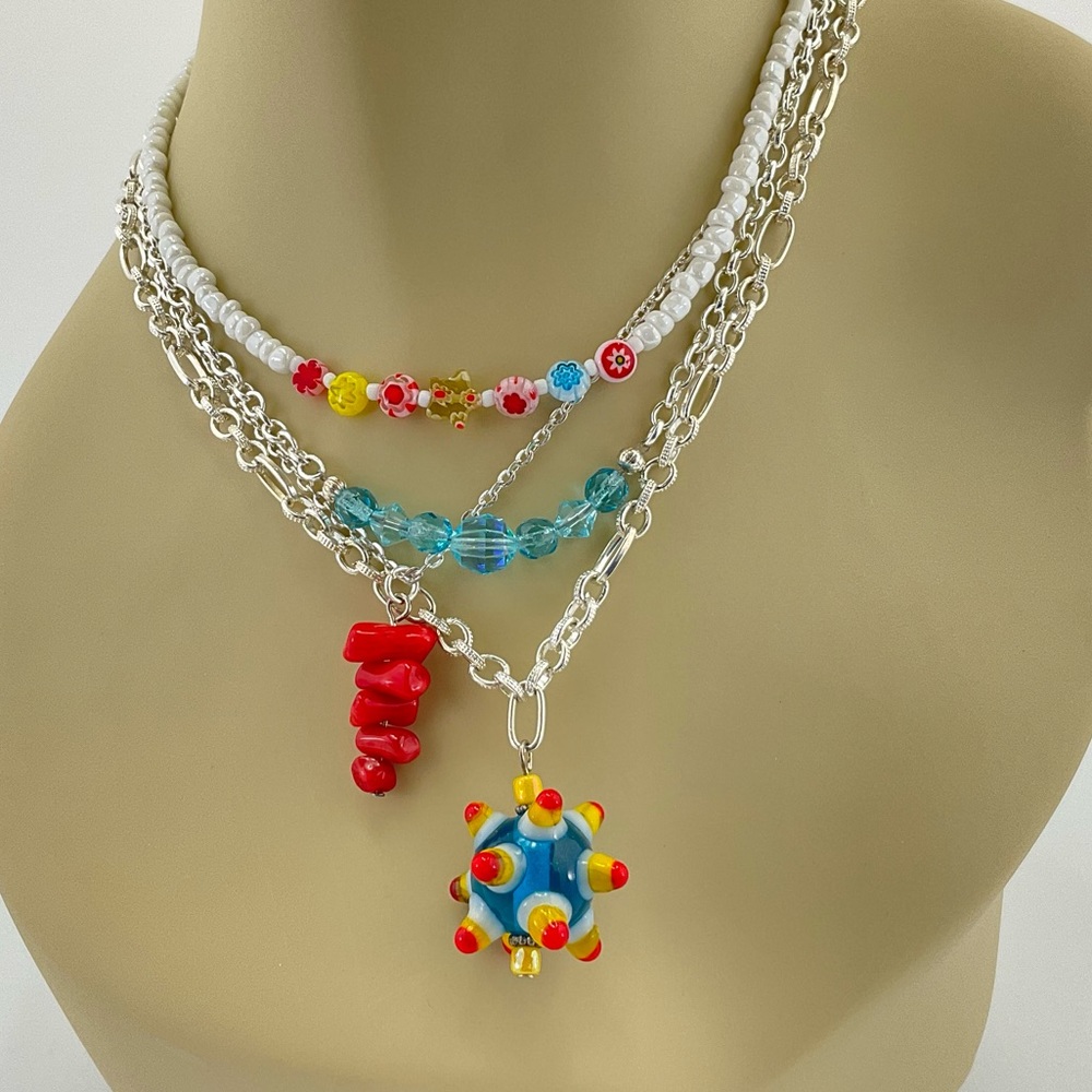Colorful Layering Necklaces, Handmade, Set of 4, Art Glass Beads, Crystals - Picture 2 of 11